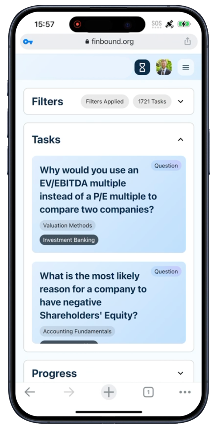 Finbound mobile study tasks on a phone